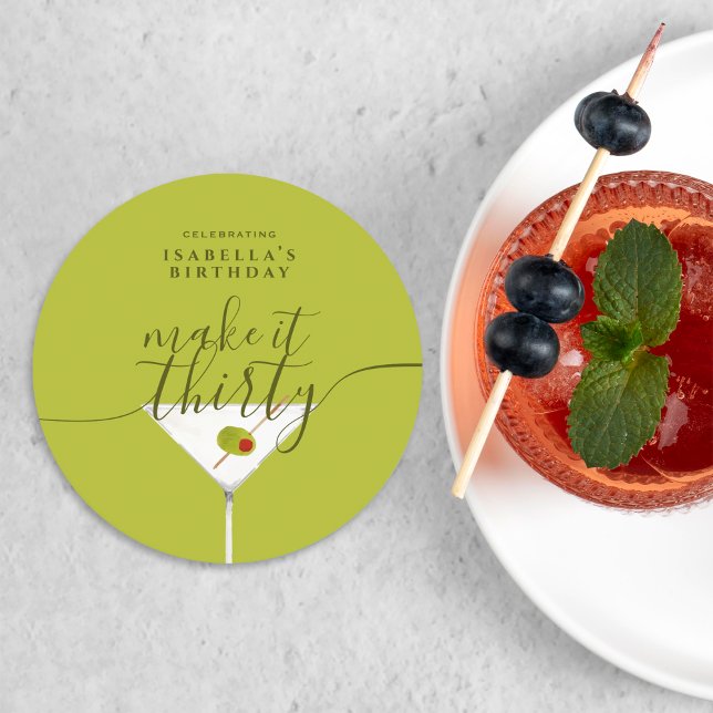 Make It Thirty Green Martini 30th Birthday Party Round Paper Coaster (Creator Uploaded)