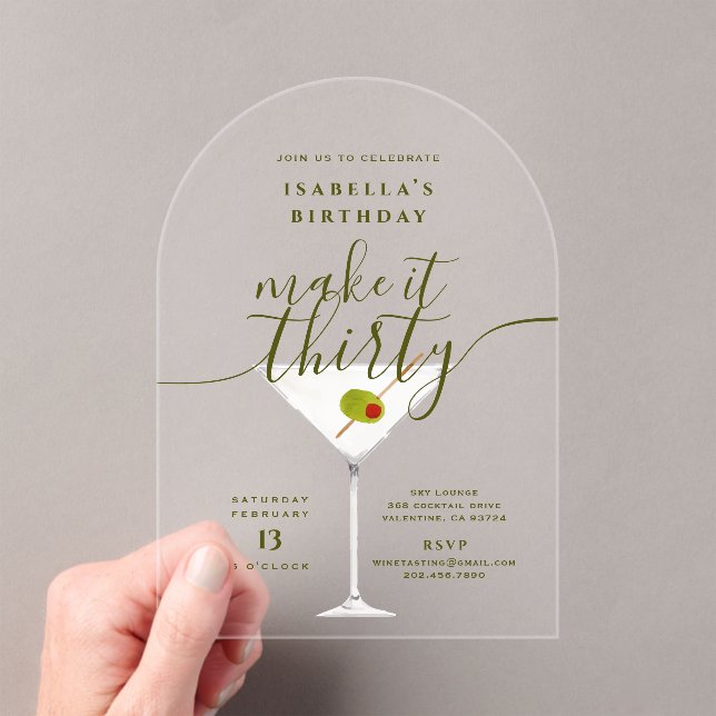 Make It Thirty Martini 30th Birthday Party Acrylic Invitations (Insitu (Handheld))