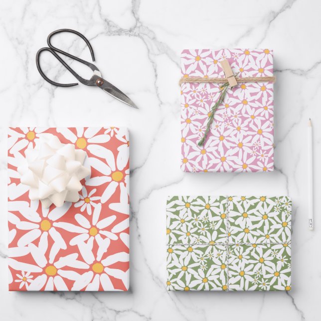 Make My Daisy - Pink, Coral, Green Wrapping Paper Sheet (Front)