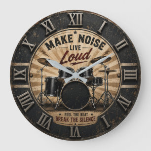 Make Noise Live Loud Vintage Drum Set Music Large Clock