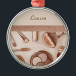 Make Up collection  in Bronze Tones Metal Ornament<br><div class="desc">For the woman or girl who just loves to wear makeup and cosmetics, this is the perfect gift. With eyeshadow, brushes, eyelash curler and more this is a wonderful image to customize with their name, beauty shop name or own personal message. This image would also work well for a makeup...</div>