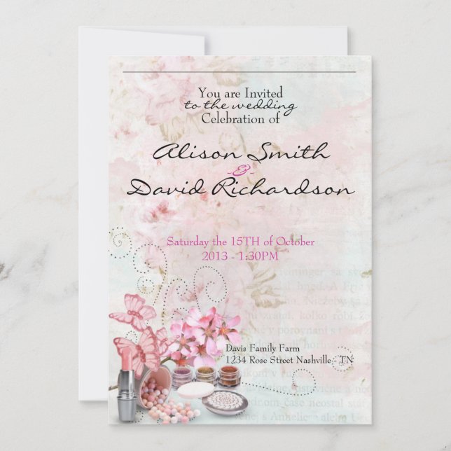 Make up delicate girly feminine wedding invitation (Front)