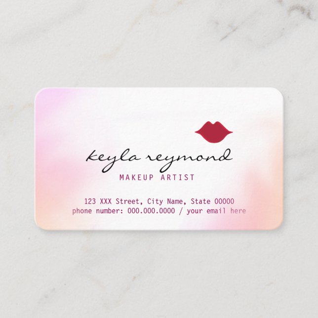 make-up makeup soft watercolor + red lips business card (Front)