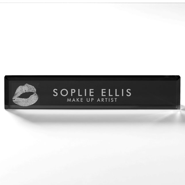 Make Up Silver Glitter Lips Black Personalize Name Nameplate (Front)