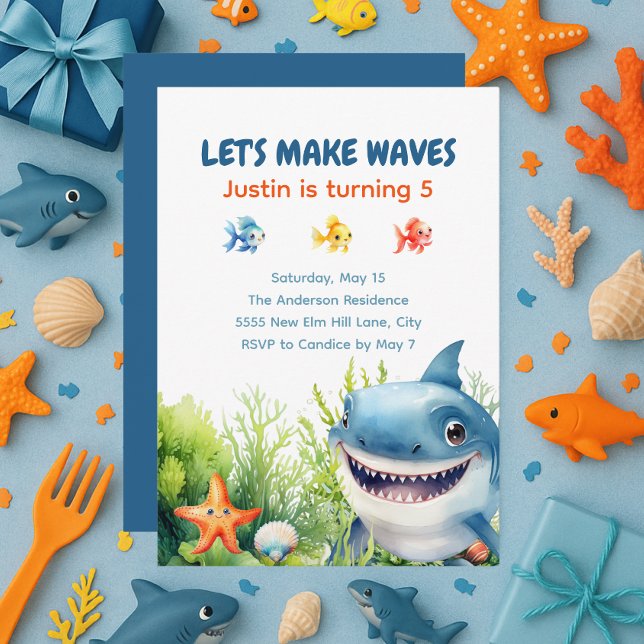 Make Waves Happy Shark Under the Sea Birthday Invitation (Happy shark under the sea birthday party invitation)