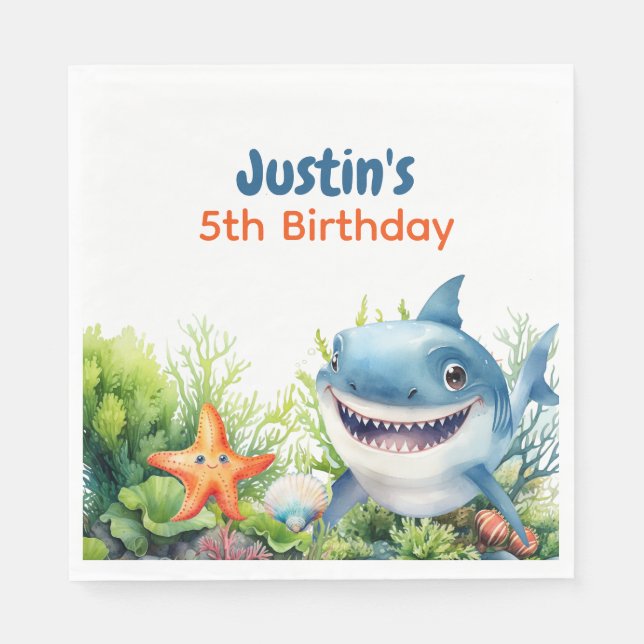 Make Waves Happy Shark Under the Sea Birthday Napkin (Front)
