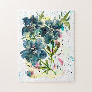 Make Way For Joy Watercolor Blue Floral Art Jigsaw Puzzle