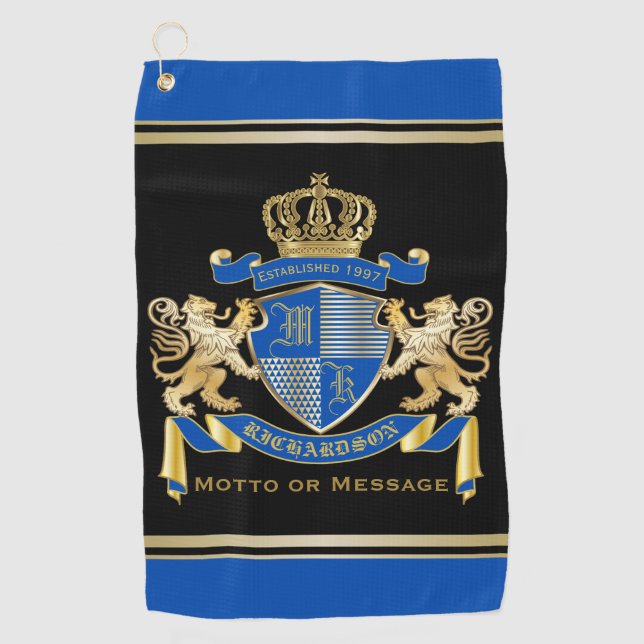 Make Your Blue Coat of Arms Monogram Crown Emblem Golf Towel (Front)