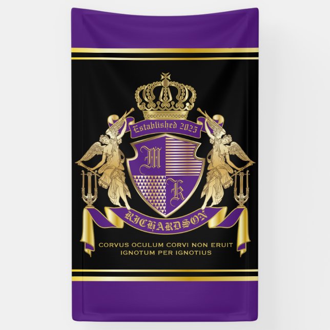 Make Your Coat of Arms Gold Angel Purple Emblem Banner (Vertical)