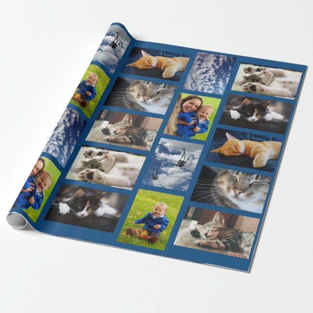 Make Your Own 9 Photo Collage on Blue Wrapping Paper (Unrolled)