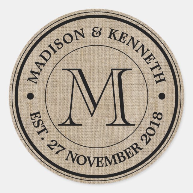 Make Your Own Burlap Retro Logo Monogram Classic Round Sticker (Front)