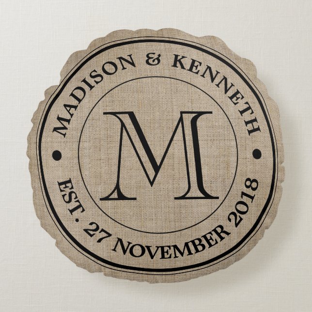 Make Your Own Burlap Retro Logo Monogram Round Pillow (Front)