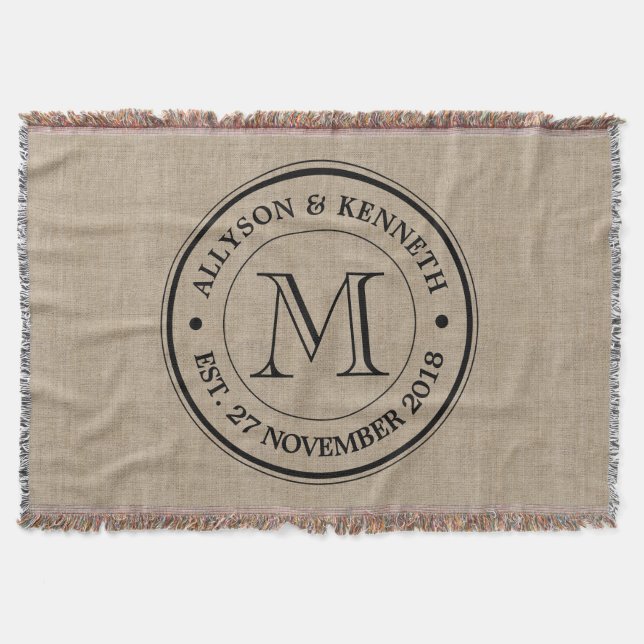 Make Your Own Burlap Retro Logo Monogram Throw Blanket (Front)