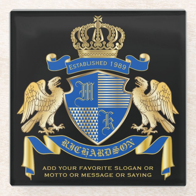 Make Your Own Coat of Arms Blue Gold Eagle Emblem Glass Coaster (Front)