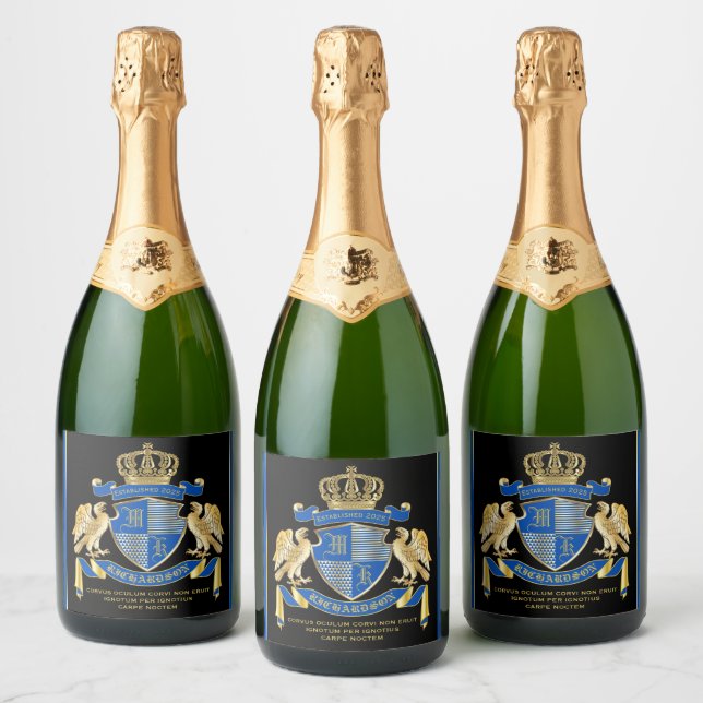 Make Your Own Coat of Arms Blue Gold Eagle Emblem Sparkling Wine Label (Bottles)