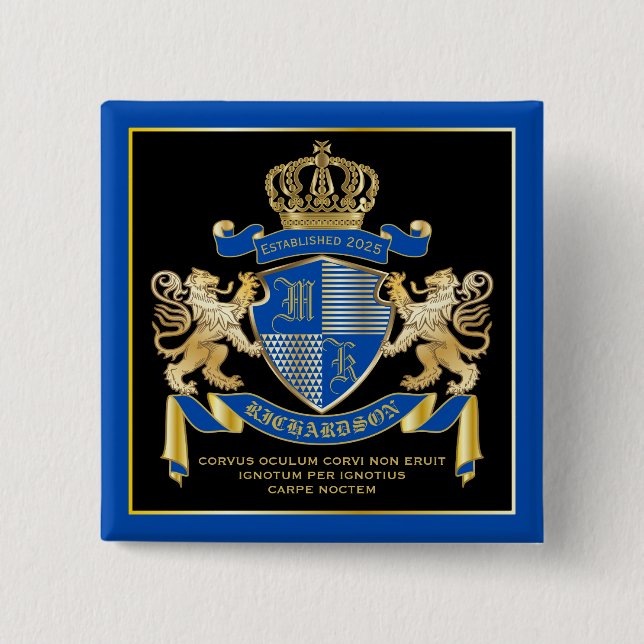 Make Your Own Coat of Arms Blue Gold Lion Emblem 2 Inch Square Button (Front)