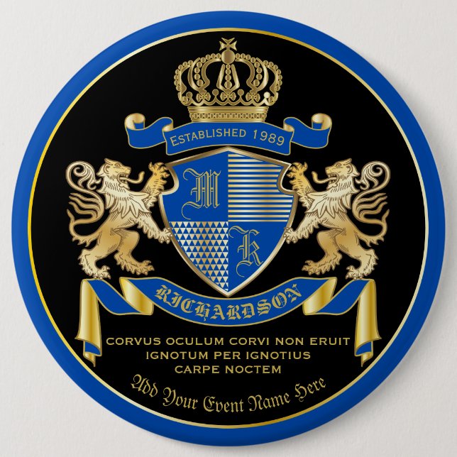 Make Your Own Coat of Arms Blue Gold Lion Emblem 6 Inch Round Button (Front)