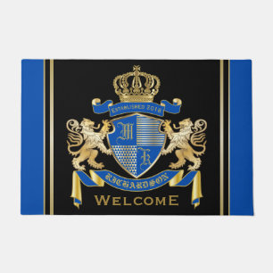 Make Your Own Coat of Arms Blue Gold Lion Emblem Doormat