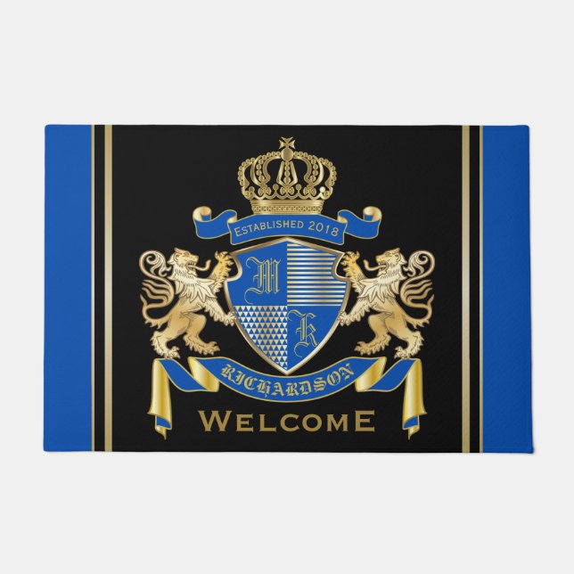 Make Your Own Coat of Arms Blue Gold Lion Emblem Doormat (Front)