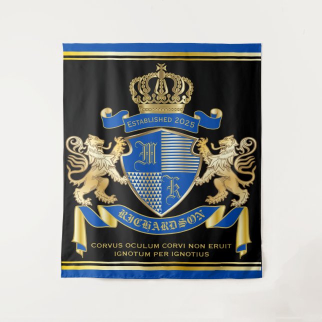 Make Your Own Coat of Arms Blue Gold Lion Emblem Tapestry (Front)