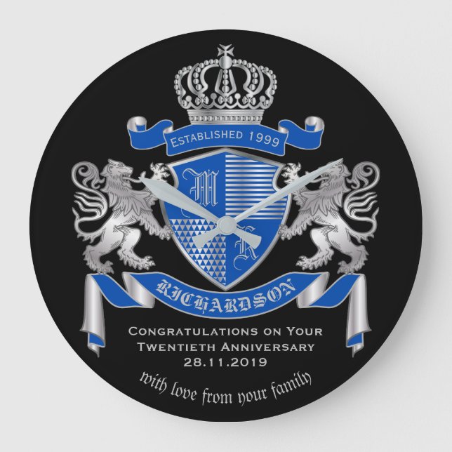 Make Your Own Coat of Arms Blue Silver Lion Emblem Large Clock (Front)