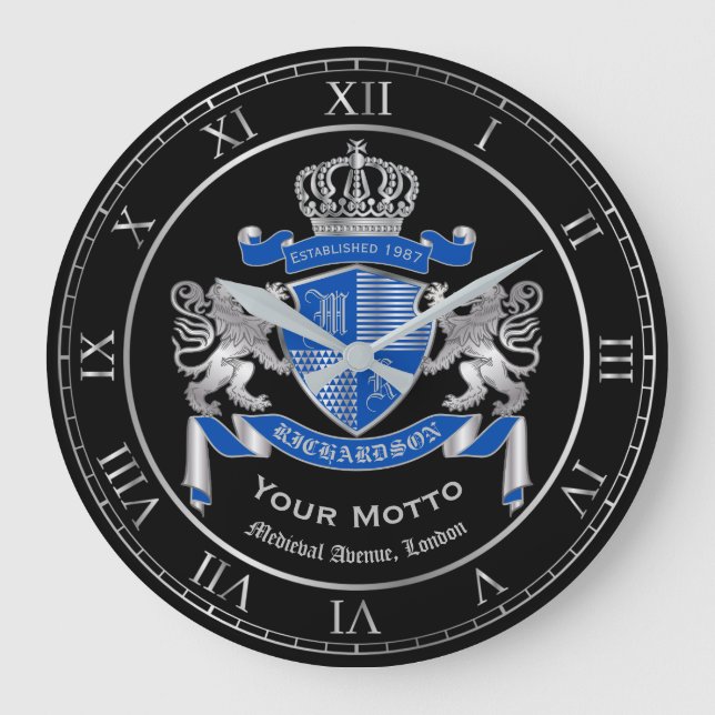 Make Your Own Coat of Arms Blue Silver Lion Emblem Large Clock (Front)