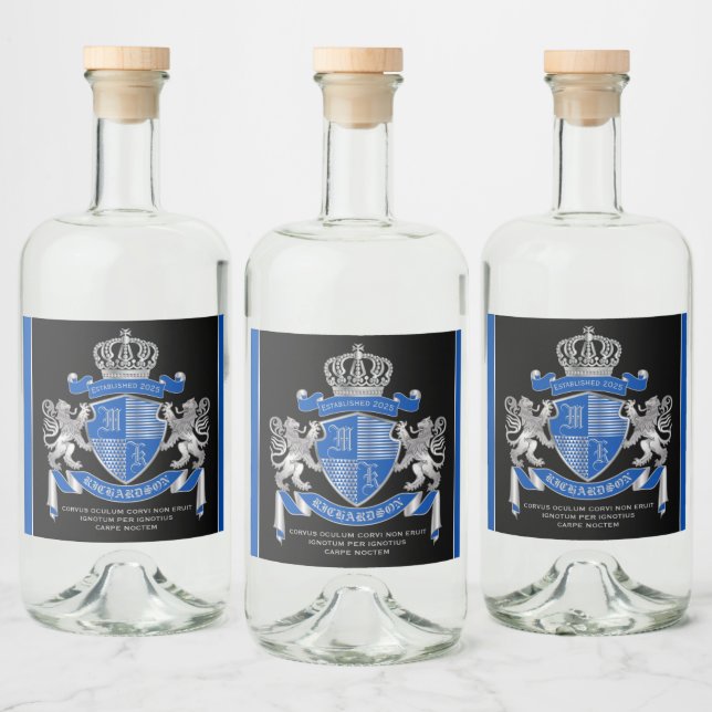 Make Your Own Coat of Arms Blue Silver Lion Emblem Liquor Bottle Label (Bottles)