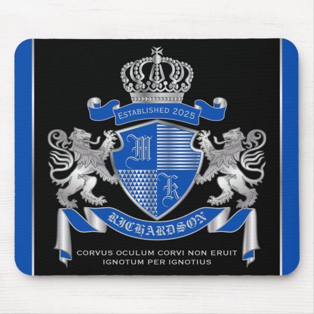 Make Your Own Coat of Arms Blue Silver Lion Emblem Mouse Pad (Front)