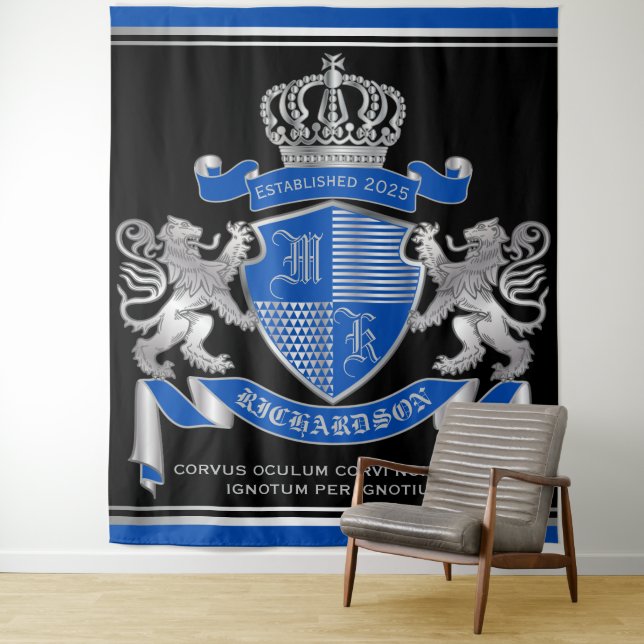 Make Your Own Coat of Arms Blue Silver Lion Emblem Tapestry (In Situ)
