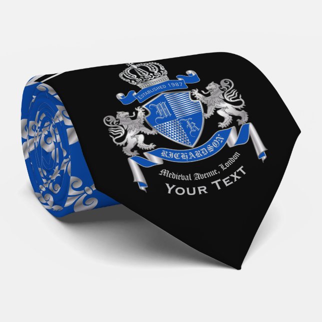 Make Your Own Coat of Arms Blue Silver Lion Emblem Tie (Rolled)