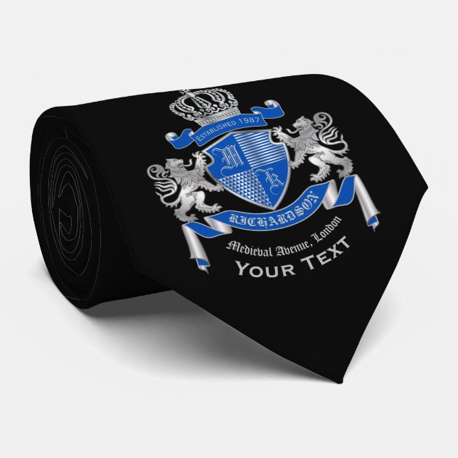 Make Your Own Coat of Arms Blue Silver Lion Emblem Tie (Rolled)