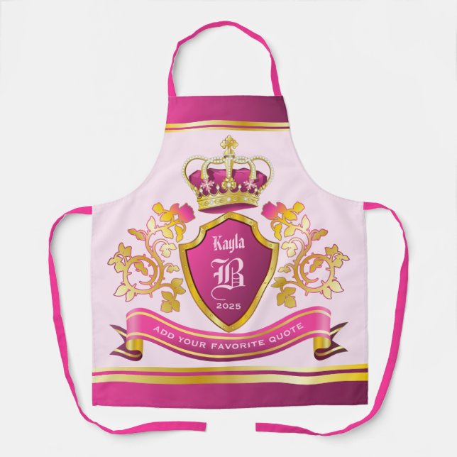 Make Your Own Coat of Arms Gold Crown Pearls Pink Apron (Front)