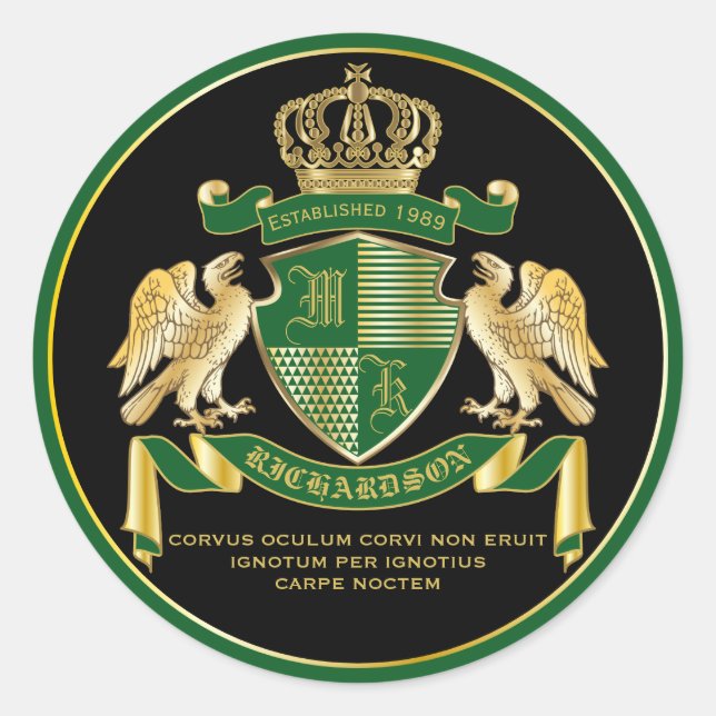 Make Your Own Coat of Arms Green Gold Eagle Emblem Classic Round Sticker (Front)