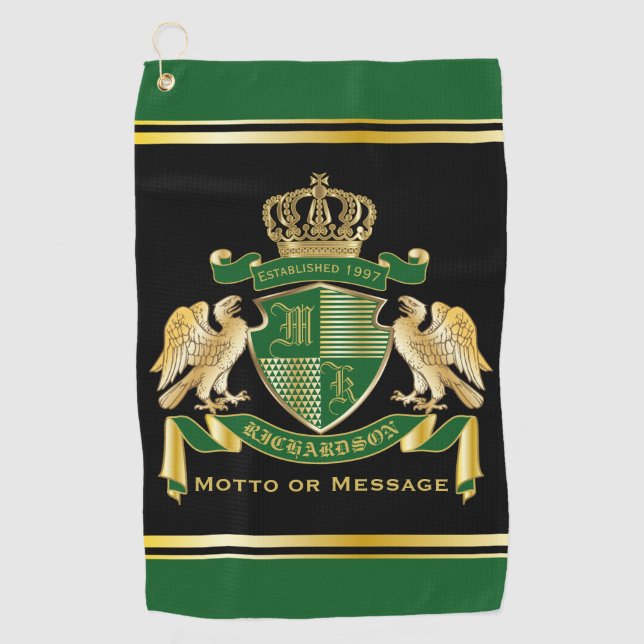 Make Your Own Coat of Arms Green Gold Eagle Emblem Golf Towel (Front)