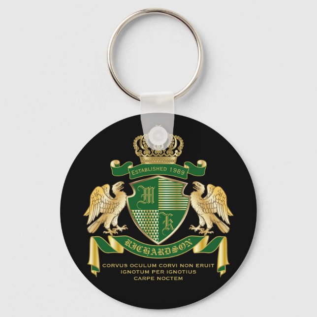 Make Your Own Coat of Arms Green Gold Eagle Emblem Keychain (Front)