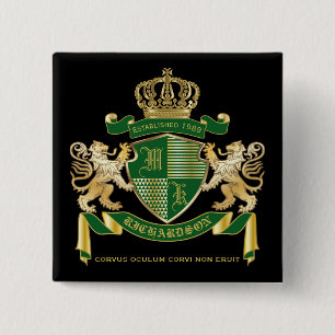 Make Your Own Coat of Arms Green Gold Lion Emblem 2 Inch Square Button