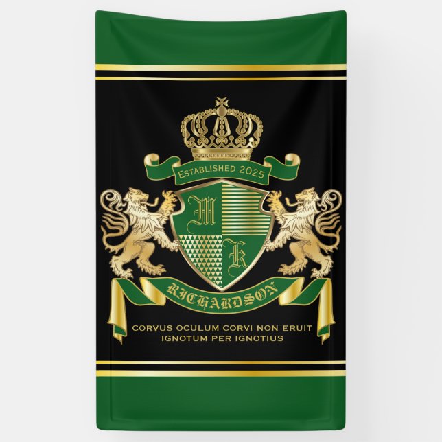 Make Your Own Coat of Arms Green Gold Lion Emblem Banner (Vertical)