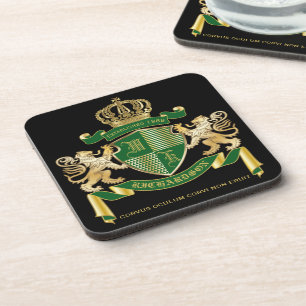 Make Your Own Coat of Arms Green Gold Lion Emblem Coaster