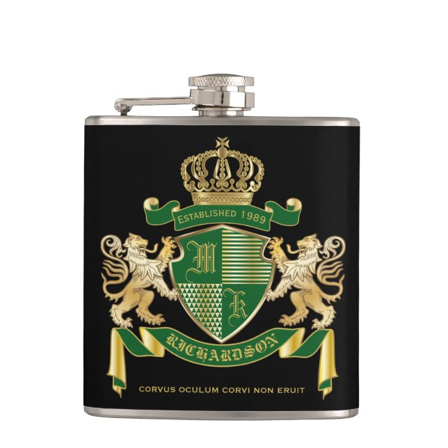 Make Your Own Coat of Arms Green Gold Lion Emblem Hip Flask (Front)