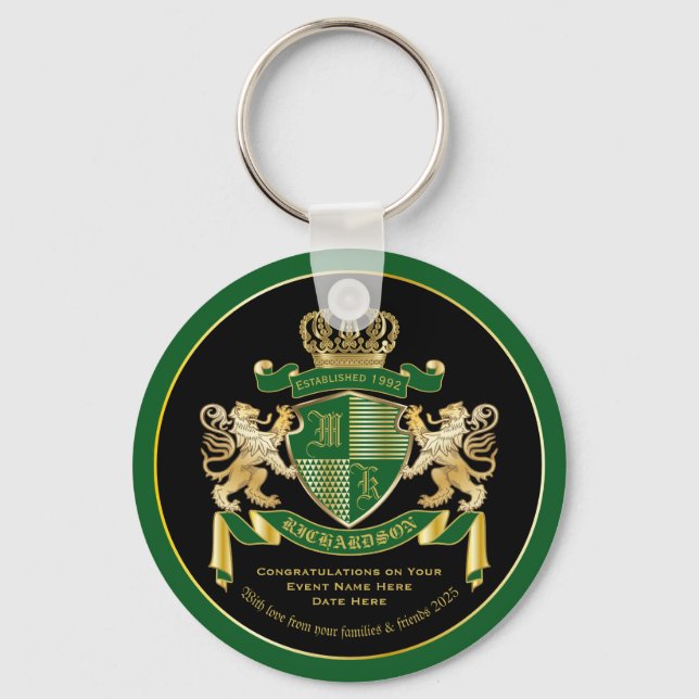 Make Your Own Coat of Arms Green Gold Lion Emblem Keychain (Front)