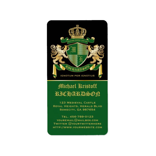 Make Your Own Coat of Arms Green Gold Lion Emblem Label (Front)