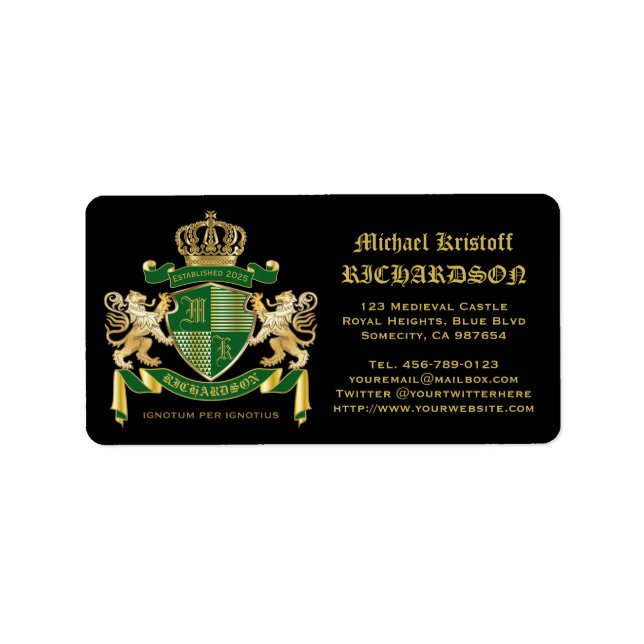 Make Your Own Coat of Arms Green Gold Lion Emblem Label (Front)