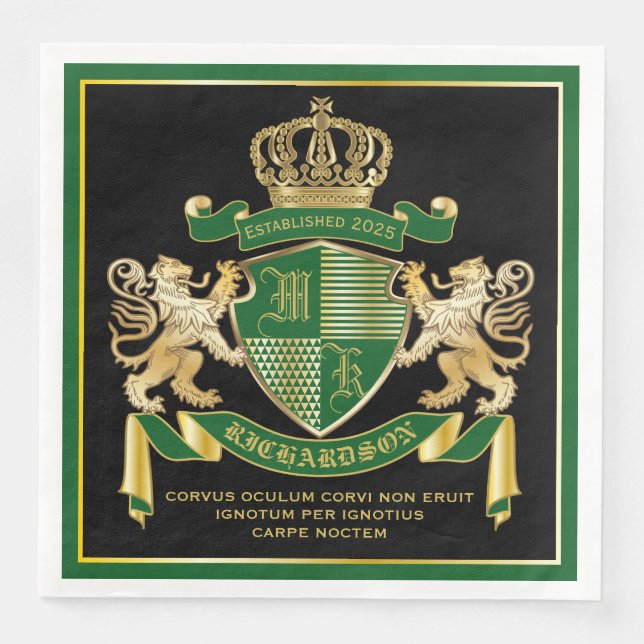 Make Your Own Coat of Arms Green Gold Lion Emblem Napkin (Front)