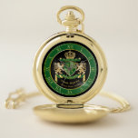 Make Your Own Coat of Arms Green Gold Lion Emblem Pocket Watch<br><div class="desc">Create your very own aristocratic Coat of Arms, Emblem, Insignia or Family Crest with this beautiful, classic escutcheon or shield design. Dark green patterns decorate a shield topped with golden crown and flanked by medieval heraldic lion or griffin. A matching top banner holds your custom wedding date / birth date...</div>