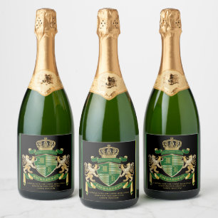 Make Your Own Coat of Arms Green Gold Lion Emblem Sparkling Wine Label