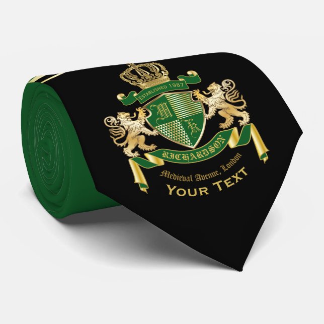 Make Your Own Coat of Arms Green Gold Lion Emblem Tie (Rolled)