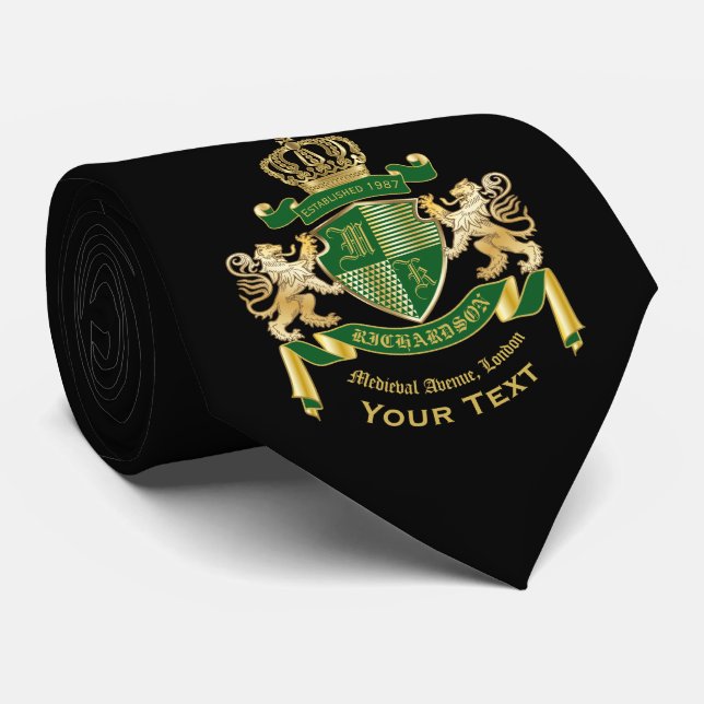 Make Your Own Coat of Arms Green Gold Lion Emblem Tie (Rolled)