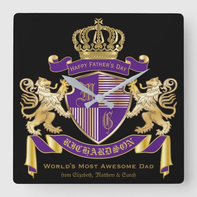 Make Your Own Coat of Arms Monogram Crown Emblem Square Wall Clock (Front)