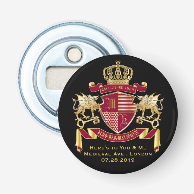 Make Your Own Coat of Arms Red Gold Dragon Emblem Bottle Opener (Front)