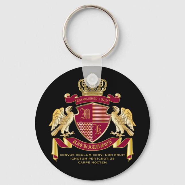 Make Your Own Coat of Arms Red Gold Eagle Emblem Keychain (Front)